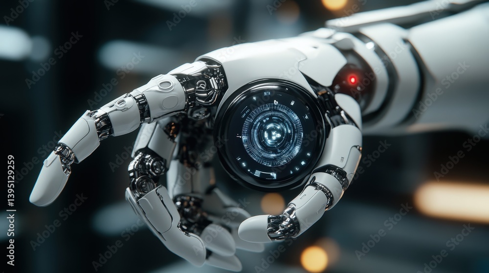 Poster a seamless digital button embedded in a futuristic robotic arm, showcasing ai-powered functionality