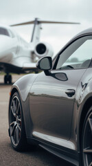 Sleek car parked near private jet, showcasing luxury and sophistication in modern setting. scene evokes sense of elegance and high status
