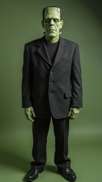 Frankenstein monster in formal black suit, standing against green background, exuding unique blend of elegance and eeriness