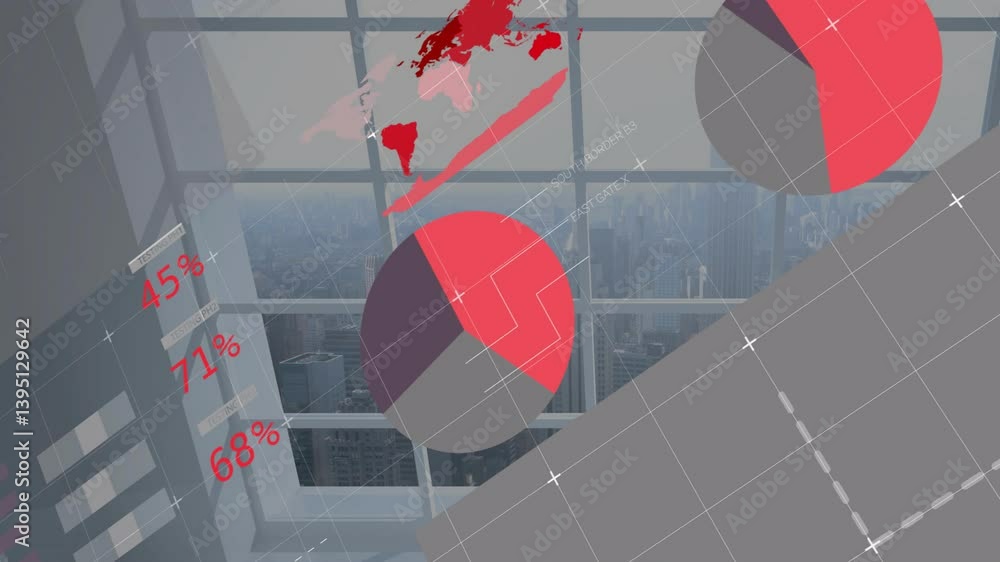 Poster abstract data visualization animation over cityscape viewed through large windows