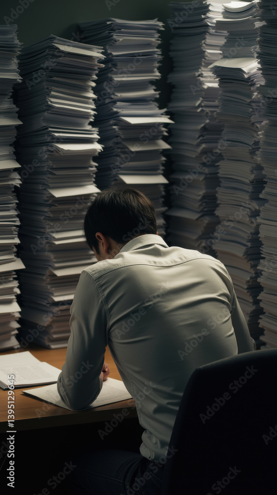 Poster person is focused on writing at desk surrounded by tall stacks of paperwork, creating sense of overw