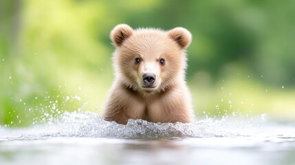 A playful, adorable baby bear cub in a shallow body of water, with splashes