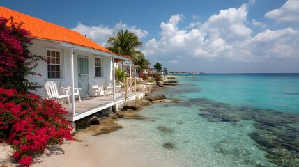 Fototapeta premium Charming white beach cottage with vibrant orange roof overlooks turquoise water, surrounded by pink bougainvillea and white Adirondack chairs on a wooden porch, tropical Caribbean setting. 