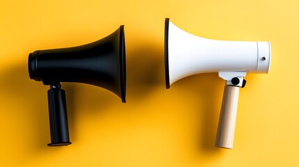 Black and White Megaphones on Yellow Background Opposite Communication Concept