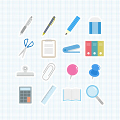 文房具アイコンのベクターイラストセット：方眼紙背景の学習と仕事ツール - Stationery Icon Vector Illustration Set: Learning and Working Tools on Graph Paper Background