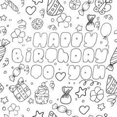 Hand-drawn black and white doodle cake lettering birthday, balloon, event decoration element. A party. Vector seamless pattern illustration on a white background. for printing and textile postcards.