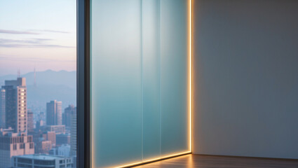 Naklejka premium Modern Interior With City View Through Window And Ambient Lighting Detail
