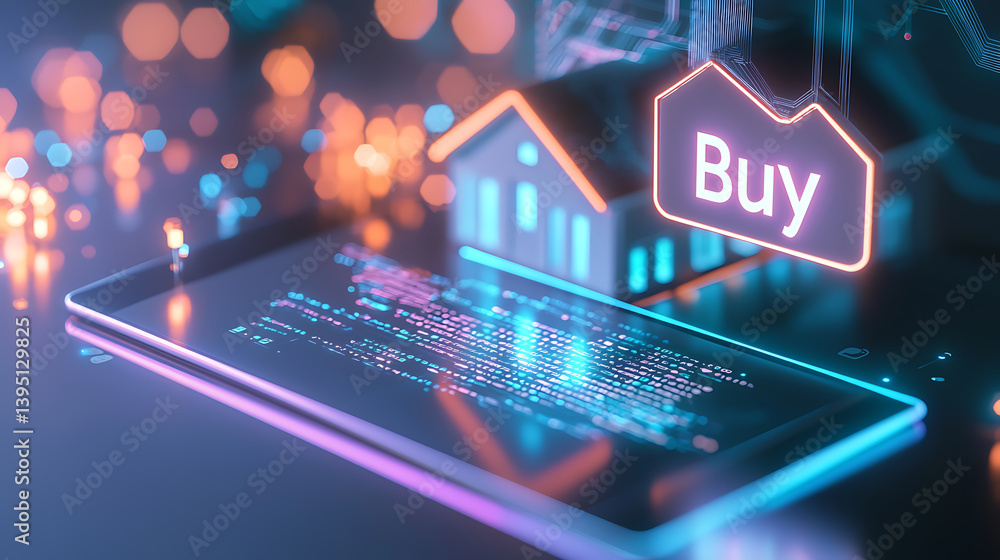 Poster digital home purchase action virtual marketplace technology graphics neon environment close-up view 