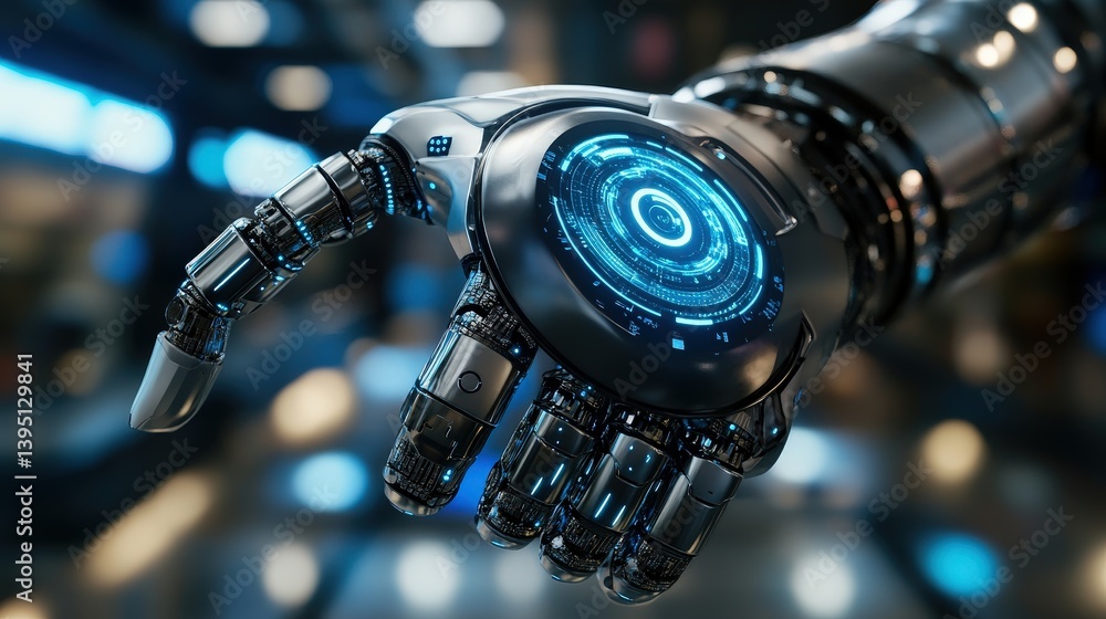 Poster a seamless digital button embedded in a futuristic robotic arm, showcasing ai-powered functionality