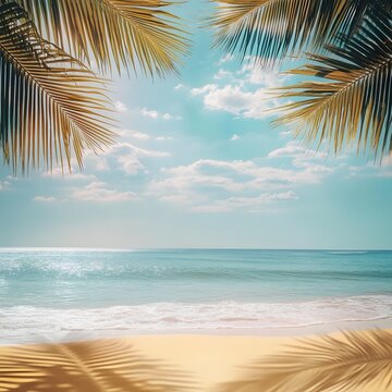 Tropical Summer Background Framed with Golden Light and Natural Elements, tropical beach with palm trees