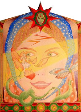ANDERSEN'S THUMBELINA, colored pencil drawing on paper: stylized representation of a female face adorned with fantastical and symbolic elements including a tiny fairy-like female figure near a flower