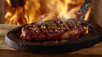 Succulent steak sizzling over an open flame in a rustic setting Generative AI