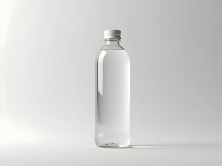 Minimalist Still Life of a Clear Glass Water Bottle with Metal Cap on a White Surface, Ideal for Health, Hydration, and Environmental Awareness Concepts with Ample Copy Space