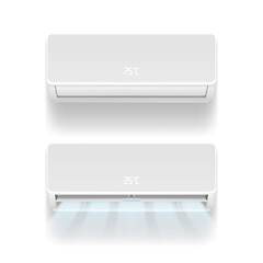 Air conditioner system isolated on white background. Realistic vector illustration with air conditioners with cooling flows. Modern split system climate control for home. Product mockup concept.