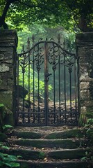 Obraz premium Wrought iron gate with stone pillars and steps in a