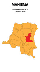Maniema Map is highlighted on the Democratic Republic of the Congo with detailed state and region outlines.