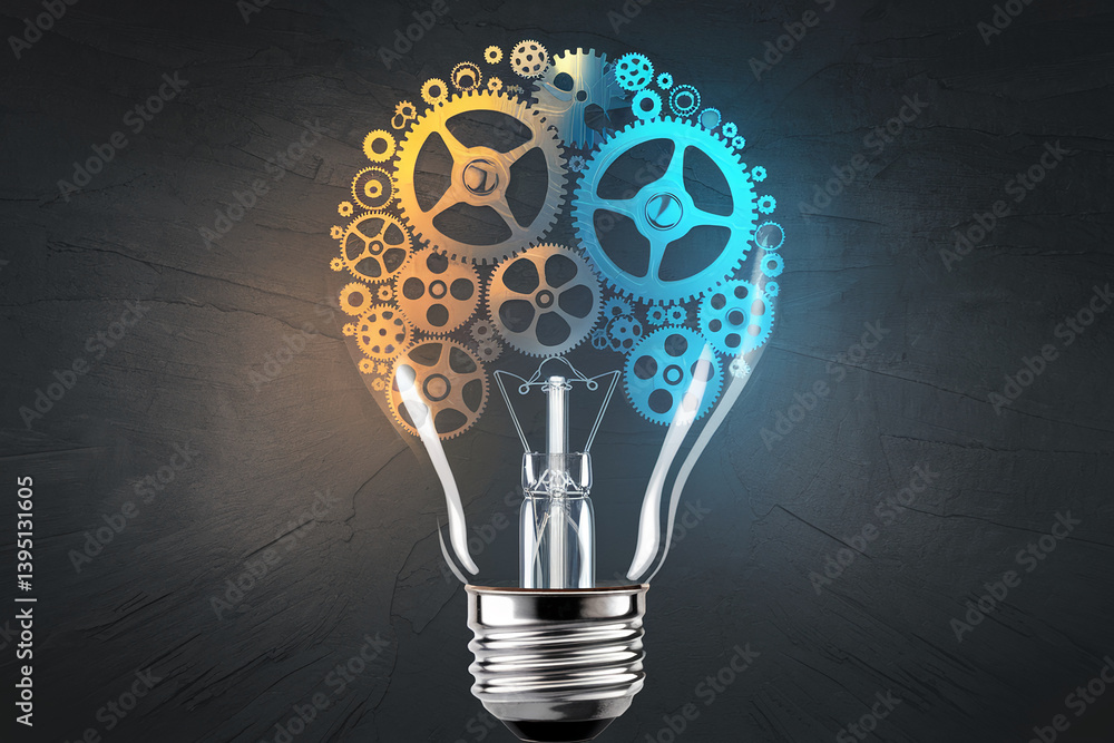 Poster lightbulb with gears inside, symbolizing innovation, mechanism, idea generation, solution, creativit