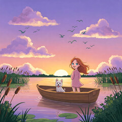 A girl and her dog are floating in a boat at sunset.