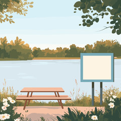 Peaceful Lakeside Picnic Area with Blank Sign