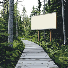 Wooden Path Through Lush Green Forest with Blank Billboard