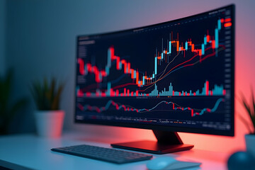Modern workspace showcasing a stock market analysis with colorful line graphs and charts displayed on a sleek curved monitor with keyboard and mouse setup