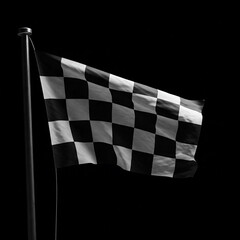 A black and white checkered flag flutters against a black sky.