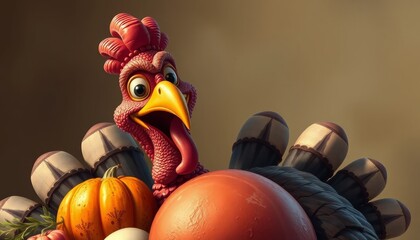 Playful Cartoon Turkey with Autumnal Vegetables