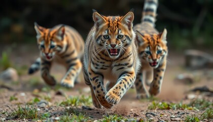 Fototapeta premium Three Young Cats Running Through Forest Trail