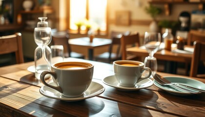 Two Cups of Coffee on Rustic Wooden Table in Sunlit Cafe