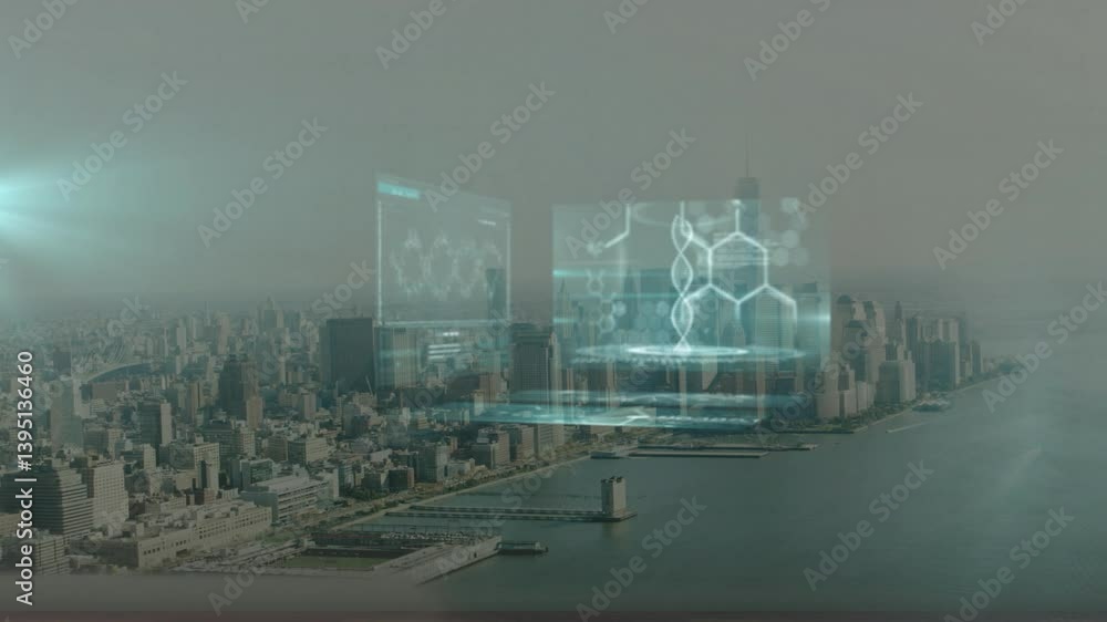 Poster animation of futuristic digital interface with molecular structures over cityscape