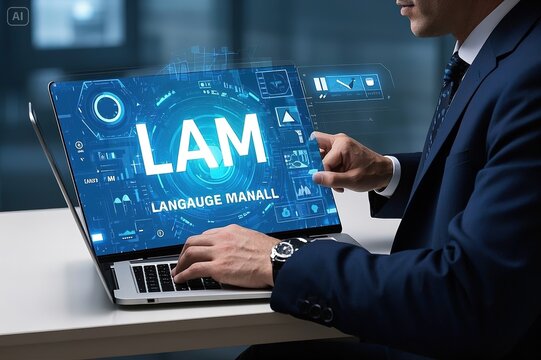 LLM, AI large language model concept, Big data, data transfer, generative ai, natural language generative and data mining. Businessman using laptop with large language model on virtual screen.