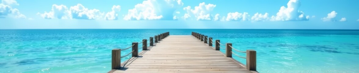 Fototapeta premium Serene wooden pier reaching towards calm blue sea and sky, ocean, landscape