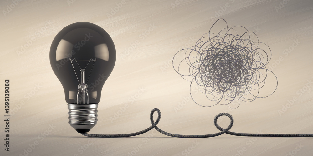 Poster dark glass lightbulb with cord, connected to a tangled mass of lines, symbolizing problem-solving an