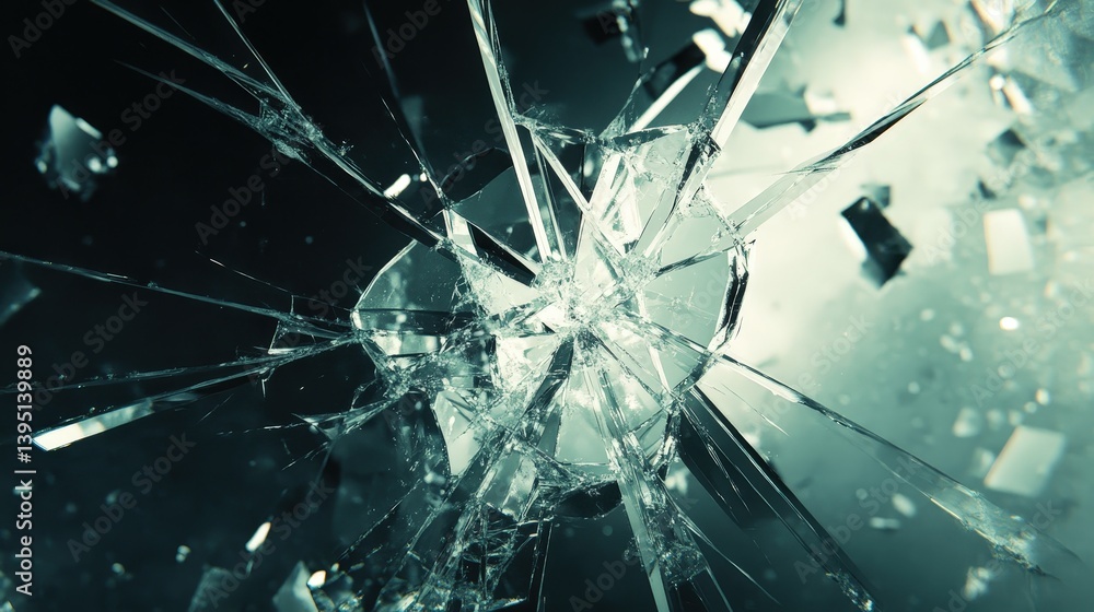 Poster a shattered glass effect with sharp, fragmented reflections, adding a dramatic and high-impact visua