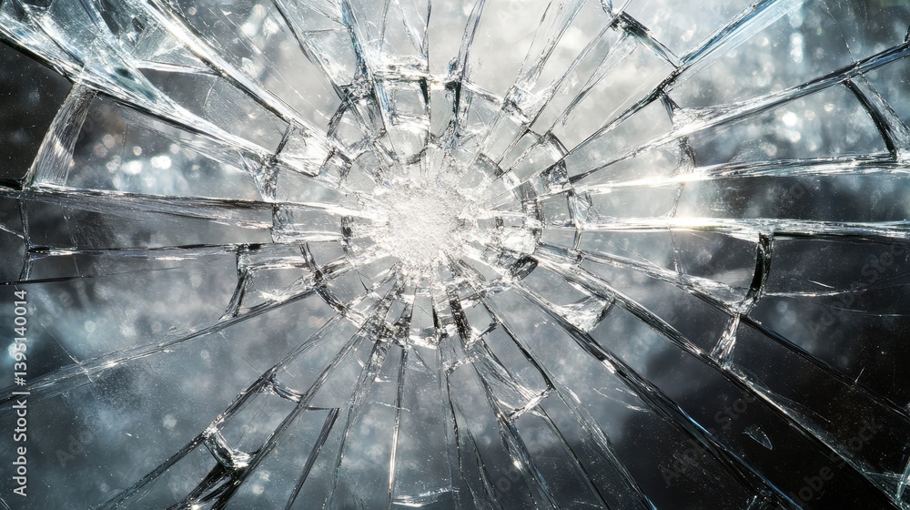 Poster a shattered glass texture with intricate cracks radiating from the point of impact, creating a drama