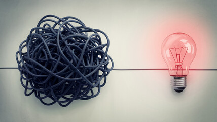 Tangled dark-grey cables contrast with a glowing lightbulb, symbolizing problem-solving and the power of ideas to illuminate complex situations, showcasing a concept of clarity from chaos