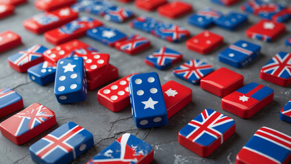 Red And Blue Dominoes Representing World Flags On Gray Concrete Surface