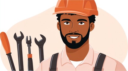 Smiling Black Male Mechanic in Orange Hard Hat and Beige Overalls