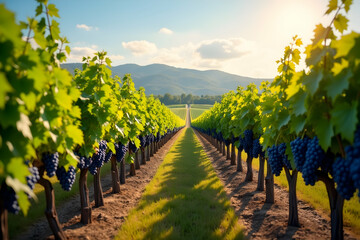 Fototapeta premium Picturesque Vineyard Landscape, Rows of Grapevines Leading to Distant Hills Under a Bright Sky, Capturing the Essence of Rural Beauty and Agricultural Richness