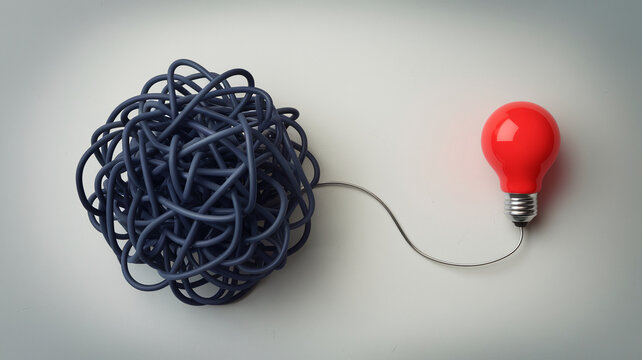 Tangled dark-blue cables contrast with a single red lightbulb, symbolizing problem-solving and finding a simple solution to complexity