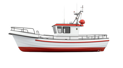Fishing vessel boat white red side view isolated marine isolated on transparent background png