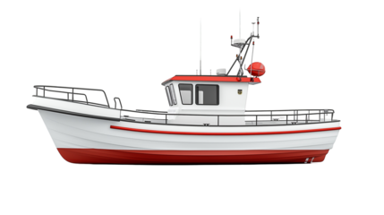 Fishing vessel boat white red side view isolated marine  isolated on transparent  background png