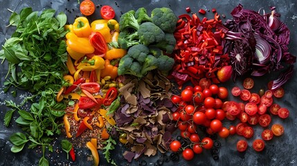 A colorful array of fresh vegetables arranged on a table, emphasizing health, nutrition, and culinary potential