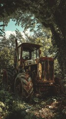 Old tractor sits abandoned in a lush green forest environment.
