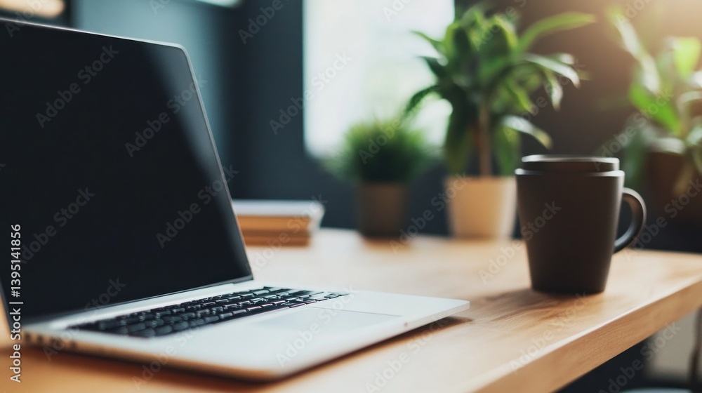 Poster a serene desk displays a sleek laptop next to a warm cup of coffee, surrounded by lush green plants.