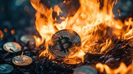 Burning bitcoin symbol amidst fiery background.
