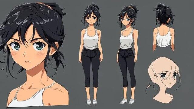 Anime Female Character Design Sheet: Casual Outfit, Multiple Views