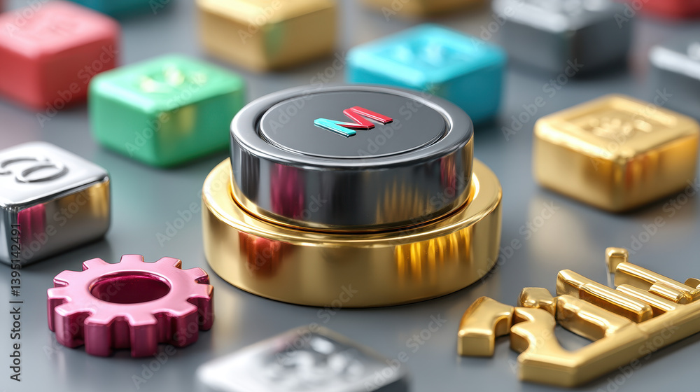 Poster metallic button with colorful cubes and gears