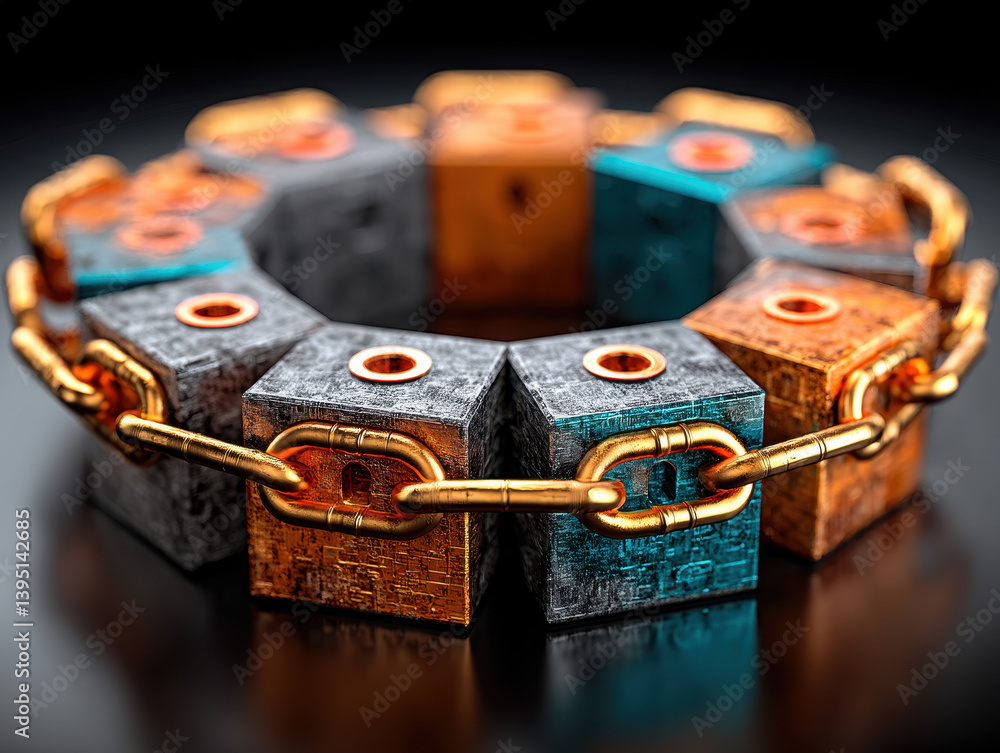 Poster metallic cubes interlinked by chain abstract 3d render