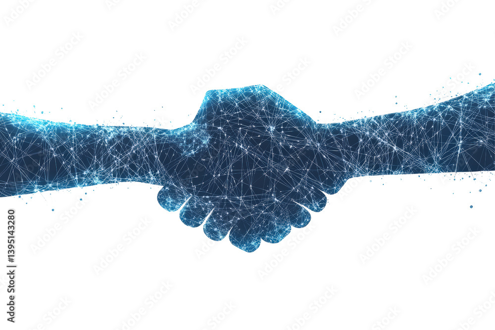 Poster two hands shaking, constructed of lines and nodes isolated on transparent background